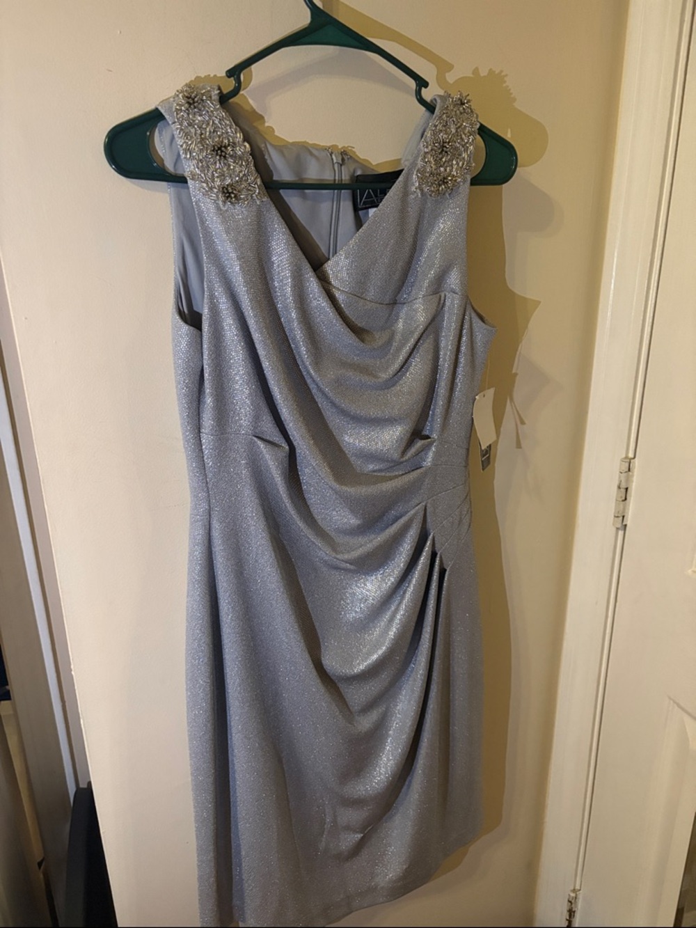Alex Evenings Silver Glitter Draped Midi Dress with Embellished Shoulders